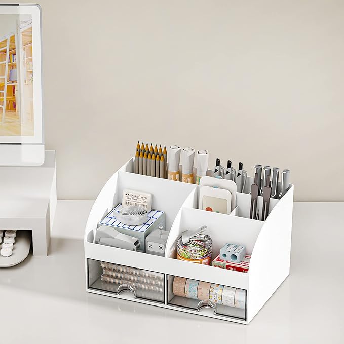 Desk Organizer with 6 Compartments and 2 Drawers, Plastic Makeup Organizer, Pen Holder for Desktop Storage, Desk Organization for School, Home, Office Supplies (White-2Pack)