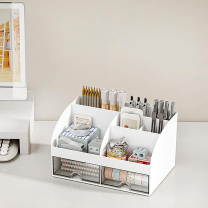 Desk Organizer with 6 Compartments and 2 Drawers, Plastic Makeup Organizer, Pen Holder for Desktop Storage, Desk Organization for School, Home, Office Supplies (White-2Pack)