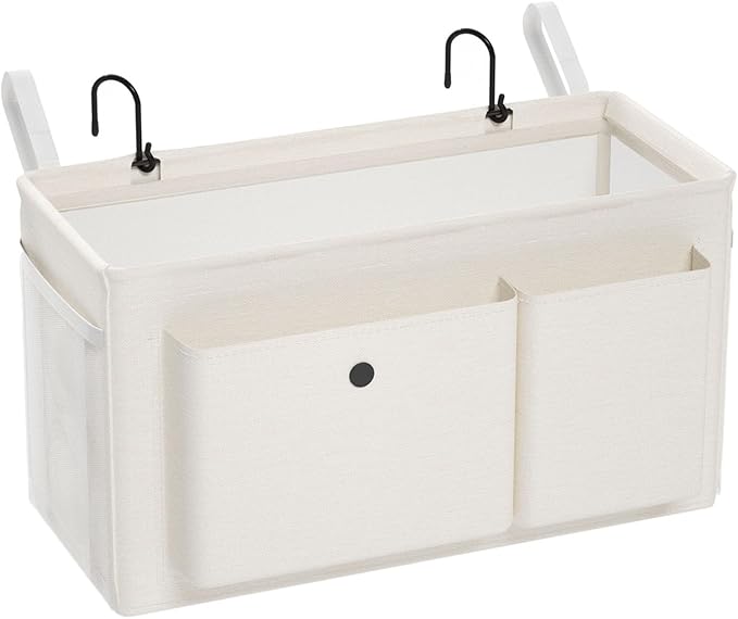 Edudif Bedside Caddy Bedside Organizer with Fixed Straps & Water Bottle Holder, Bunk Bed Caddy ideal for Home, Dorm, Hospital, Crib, Versatile Bedside Storage Solution (White)