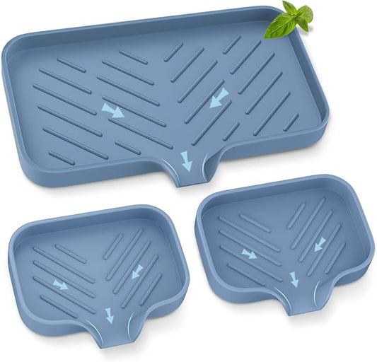 EGWON Silicone Sink Tray, Self-Draining Kitchen Soap Tray, Premium Silicone Soap Holder for Bathroom, Kitchen Counter Sink Caddy Organizer