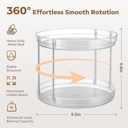 2-Pack 2-Tier Clear Lazy Susan Turntable Organizer, 9.5" Rotating Spice Rack for Kitchen Cabinet, Countertop Tray for Bathroom & Vanity to Organize Makeup, Perfume and Jewelry