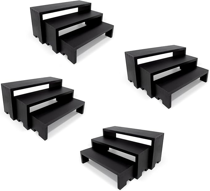4 Set 12Pcs Black Display Riser Wood Risers Wooden Cupcake Display Stand 3Tiered Racks Perfume Display Dessert Food Stands for Vendors Event Party