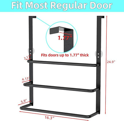 Over The Door Towel Rack, 304 Stainless Steel Towel Rack, 3 Tier Towel Bar for Hanging Towels, 16 Inch Over Door Towel Storage Holder for Bathroom, Matte Black