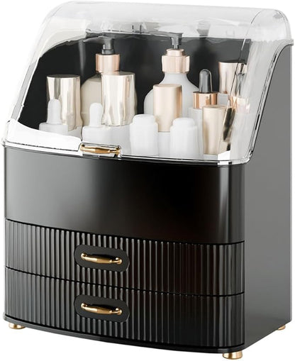 Plukers Makeup Organizer Countertop Vanity with Transparent Lid Drawers Waterproof Dustproof Cosmetic Skincare Bathroom Storage Gift for Women Teens Girls (Black)