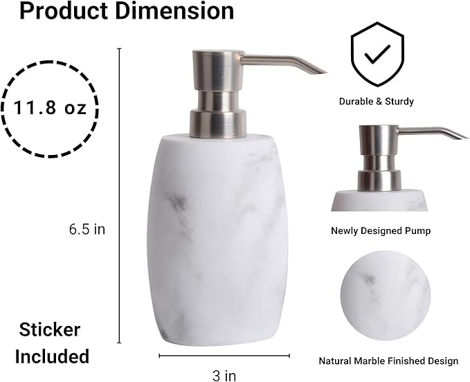 Clasin Home Resin Hand Soap Dispenser, Refillable Soap Dispenser with White Marble Look and Metallic Pump, Waterproof Bottle Labels for Bathroom Kitchen Dish Hand Wash Shower Lotion Shampoo (12 Oz)