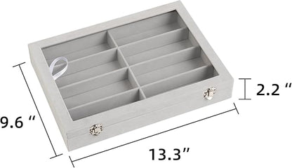 Frebeauty Sunglass Organizer,Velvet Glasses Organizer,8-Slot Sunglasses Tray with Clear Lid,Men's/Women's Sunglasses Box,Sunglass Case,13.3 x 9.6 x 2.2 Inches,Eyeglass/Eyewear Display Tray(Grey)