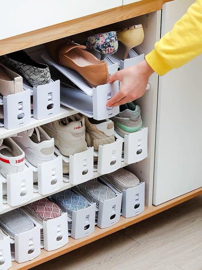 Pack of 12 Slot Organiser Storage - Adjustable 3-Level Height Shoe Organiser With Non-Slip Space Saver Holder for All Styles - Rack Suitable for Women and Men (Grey)