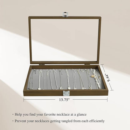 Stratalife Necklace Box Necklace Holder Organizer Wooden Jewelry Box Jewelry Storage Display for Vendors Organizer Tray with Clear Lid Vintage Style