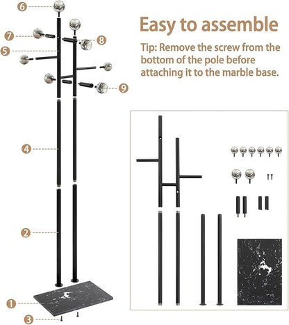 Coat Rack Freestanding with Marble Base, Heavy Duty Metal Clothes Rack, Corner Coat Tree Hat Rack for Entryway Bedroom Living Room Hotel 14.96 x 10.24 x 68.9 Inches (Black)
