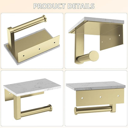 Marble Toilet Paper Holder with Shelf, Evolvegoods Brushed Gold Bathroom Toilet Paper Holder Wall Mount, 304 Stainless Steel Modern Toilet Paper Roll Holder Storage Tissue Holder