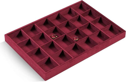 Velvet Stackable Jewelry Display Tray, 24 Grid Earring Ring Storage Tray, Drawer Divider Jewelry Accessories Organizer Plate (Red)