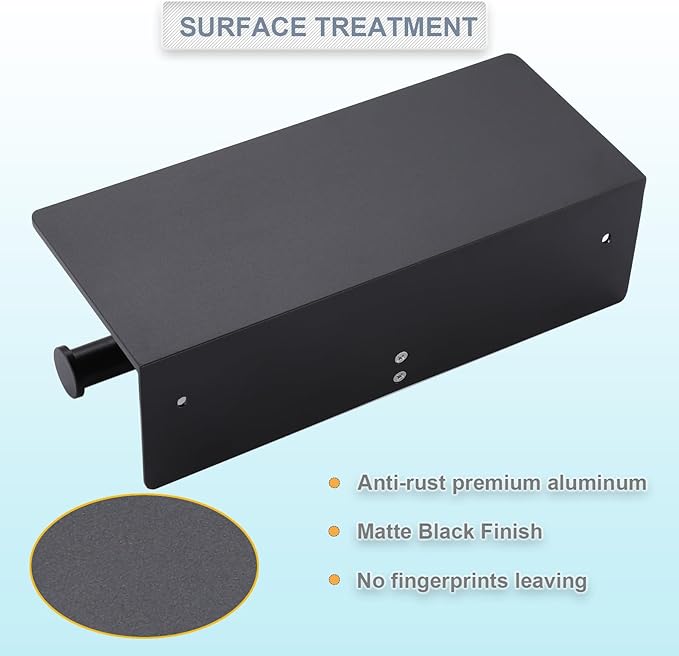 Toilet Paper Holder - Double Rolls Toilet Tissue Holder with Phone Shelf for Bathroom - TP Roll Holder with Wipes Storage, Wall Mounted by Adhesive Pad No Drilling or Screw - Matte Black