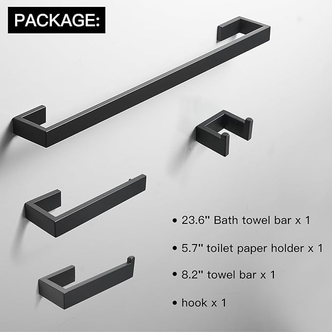 BWE 4 Pieces Bathroom Accessories Set Black Stainless Steel Bathroom Towel Bar Sets 23.6 Inches Tower Holder for Bathroom Wall Mounted