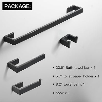 BWE 4 Pieces Bathroom Accessories Set Black Stainless Steel Bathroom Towel Bar Sets 23.6 Inches Tower Holder for Bathroom Wall Mounted