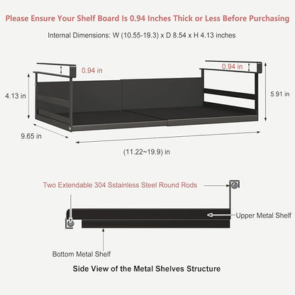 Expandable Under Cabinet Shelf Organizer with 0.94-Inch Thick Clips, Heavy Duty Extendable Under Shelf Storage Basket for Pantry or Laundry Room, Black, 2 Pack, Interior: 4.13" H x 8.54" D