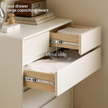 Vadisun 5-Drawers White Wood Nightstand, Mid Century Modern Nightstands, Night Stand for Bedroom, Wood Bedside Tables for Dorm, Sturdy(Rubberwood, 36" H)