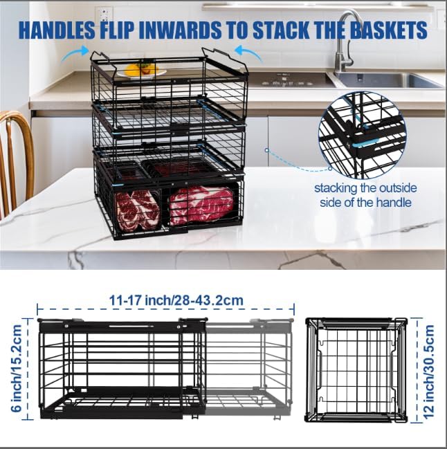 Stnopw 3PCS Freezer Organizer Bins,Stackable Chest Freezer Organizer for 7 Cu.FT Deep Freezer Sort Frozen Food, Easily Get Food from the Bottom with Side Handles Add Storage Space