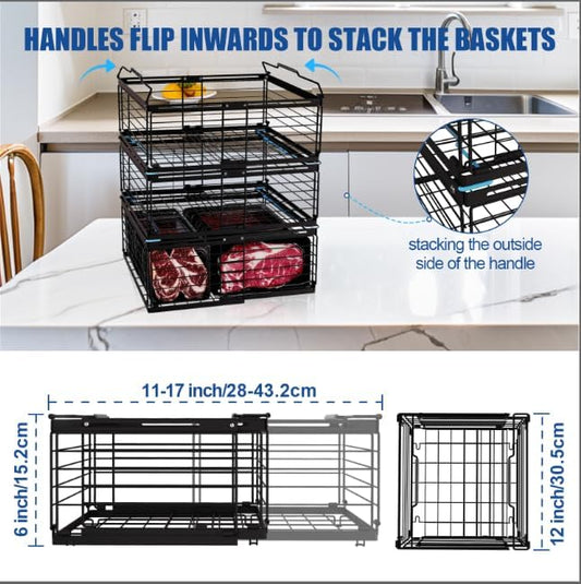 Stnopw 3PCS Freezer Organizer Bins,Stackable Chest Freezer Organizer for 7 Cu.FT Deep Freezer Sort Frozen Food, Easily Get Food from the Bottom with Side Handles Add Storage Space