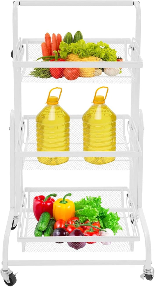 3 Tier Adjustable Storage Carts, Movable Utility Cart, Metal Rolling Cart, Multi-Functional Storage Trolley w/Wheels, Storage Shelves for Kitchen/Bathroom/Bedroom/Office (White)
