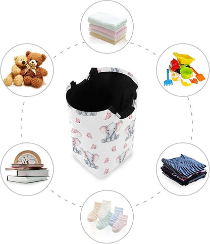 Laundry Hamper Basket Elephant Butterfly White Storage Basket Collapsible Laundry Bag with Handle Decorative Blanket Basket for Dirty Clothes Living Room Bathroom