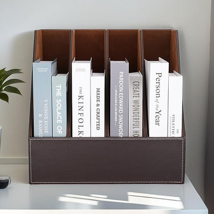 KINGFOM 4-Slot Wood Leather Document Files Holder Rack Stand Desk Files Organizer Papers Collection Cabinet (4 slot brown)
