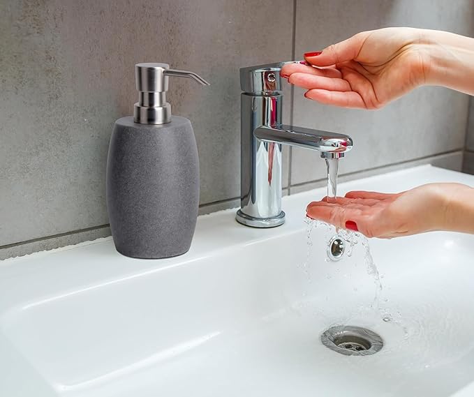Clasin Home Sandstone Textured Resin Soap Dispenser with Metallic Pump and Waterproof Bottle Labels for Bathroom Kitchen Dish Hand Wash Shower Lotion Shampoo, 12 Oz, 2 Sets Gray