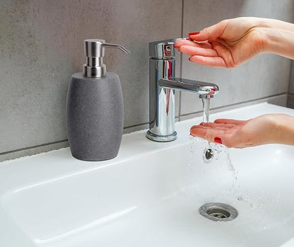 Clasin Home Sandstone Textured Resin Soap Dispenser with Metallic Pump and Waterproof Bottle Labels for Bathroom Kitchen Dish Hand Wash Shower Lotion Shampoo, 12 Oz, 2 Sets Gray