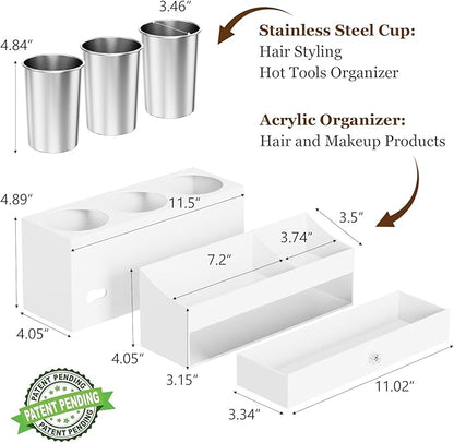 GFWARE Acrylic Hair Dryer Holder with Drawer, Bathroom Organizer Countertop Drawers with 3 Stainless Cups, Makeup Vanity Accessories, Hair Hot Tools Organizer, Toiletry, White