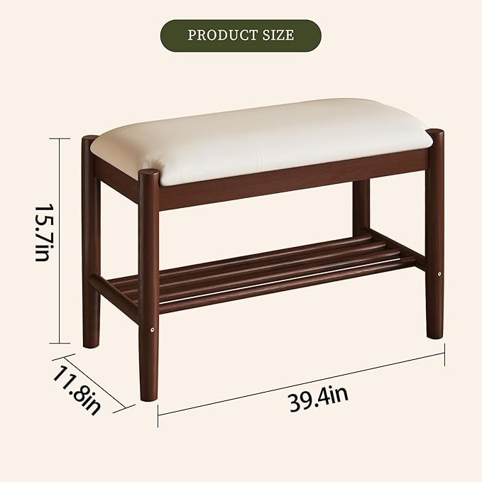 Solid Wood Shoe Bench with Cushion, 2-Tier Shoe Rack for Front Door Entrance, Enterway Benches with Shoe Storage (Walnut, 39.4in)