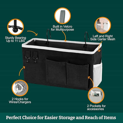 Bedside Caddy Organizer Hanging Storage Bag with Pockets for Books, Magazines, Phone, Tablet & Water Bottle – 2-Pack Bedside Storage for Dorm Rooms, Bunk Beds, Hospital Beds & Cribs, Black