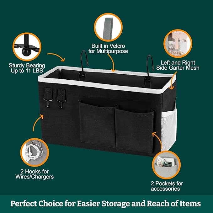 ADVANCELLPRO Bedside Caddy Organizer Hanging Storage Bag with Pockets for Books, Magazines, Phone, Tablet & Water Bottle – Bedside Storage for Dorm, Bunk Beds, Hospital Beds & Cribs, Black