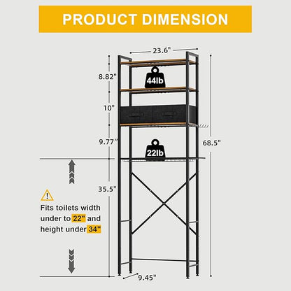 QOOIE Over The Toilet Storage with Adjustable Wooden Shelves and 2 Fabric Drawers, 4-Tier Over Toilet Bathroom Organizer, Small Freestanding Storage Shelf for Toilet Paper, Towels, Toiletries