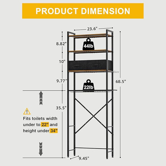 QOOIE Over The Toilet Storage with Adjustable Wooden Shelves and 2 Fabric Drawers, 4-Tier Over Toilet Bathroom Organizer, Small Freestanding Storage Shelf for Toilet Paper, Towels, Toiletries