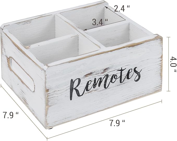 MyGift Wood Remote Control Holder Organizer with 4 Compartments, Media Remote Caddy Storage with Cursive REMOTES Design, Whitewashed