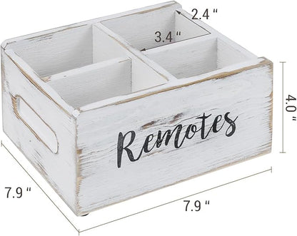 MyGift Wood Remote Control Holder Organizer with 4 Compartments, Media Remote Caddy Storage with Cursive REMOTES Design, Whitewashed