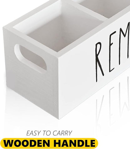 CHONIC Remote Control Holder, Farmhouse Remote Storage Caddy, Bedside TV Controller Box, Rustic Wood Media Organizer Tray for Home Bedroom Table (White)