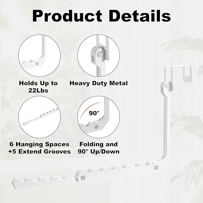 YAZYBHA Over The Door Hooks Hangers, 1 Pack Extend Foldable Over The Door Drying Rack for Laundry, Overdoor Hanger Hook with 6 Groves + 5 Ertra Groves for Towel, Coat, White