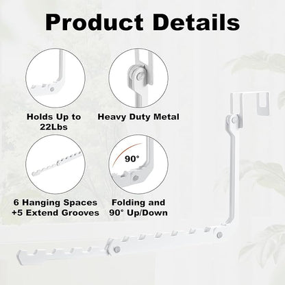 YAZYBHA Over The Door Hooks Hangers, 1 Pack Extend Foldable Over The Door Drying Rack for Laundry, Overdoor Hanger Hook with 6 Groves + 5 Ertra Groves for Towel, Coat, White