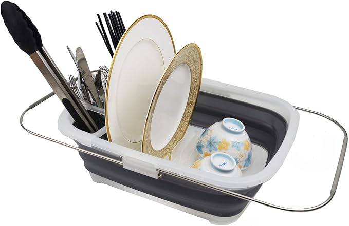 SAMMART 8L (2.11Gallons) Expandable Collapsible Plastic Dish Drainer - Foldable Drying Rack - Portable Dinnerware Organizer - Space Saving Storage Tray for Kitchen, Camping (Transparent/Grey, 1)