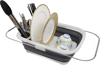 SAMMART 8L (2.11Gallons) Expandable Collapsible Plastic Dish Drainer - Foldable Drying Rack - Portable Dinnerware Organizer - Space Saving Storage Tray for Kitchen, Camping (Transparent/Grey, 1)