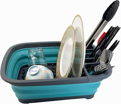 SAMMART 8L (2.11Gallons) Collapsible Plastic Dish Drainer - Foldable Drying Rack - Portable Dinnerware Organizer - Space Saving Kitchen Utensil Storage Tray (Alloy Grey + Crystal Blue (Set of 2))