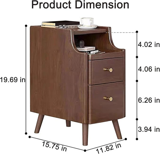 Solid Wood Nightstand with 2 Drawers, Bedside Table with Open Sliding Shelf, Mid Century Modern Night Stand, End Side Table for Bedroom, No Assembly Needed, Walnut