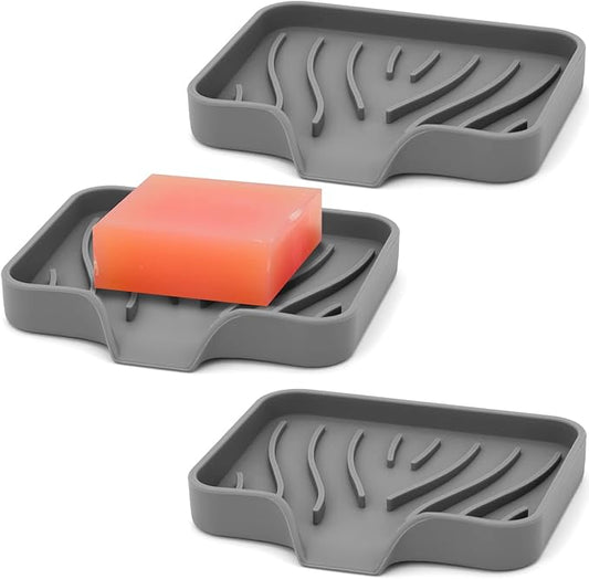AIMAIAIMAI 3-Pack Silicone Soap Dish Set – Bar Soap Holder with Self-Draining Design, Easy-Clean Tray for Shower, Bathroom, Kitchen, and Tub (Gray)