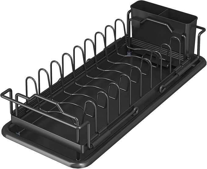 Small Sink Dish Drying Rack - Expandable Dish Rack Over Sink with Drainboard, Adjustable Dish Drainer with Utensil Holder, Compact Plate and Bowl Rack for Kitchen Counter,Black