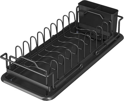 Small Sink Dish Drying Rack - Expandable Dish Rack Over Sink with Drainboard, Adjustable Dish Drainer with Utensil Holder, Compact Plate and Bowl Rack for Kitchen Counter,Black