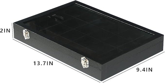Coward Jewelry Organizer Box, Black Velvet 24 Grids Ring Earring Jewelry Display Tray Case with Transparent Glass Lid for Home Drawer or Shop Selling