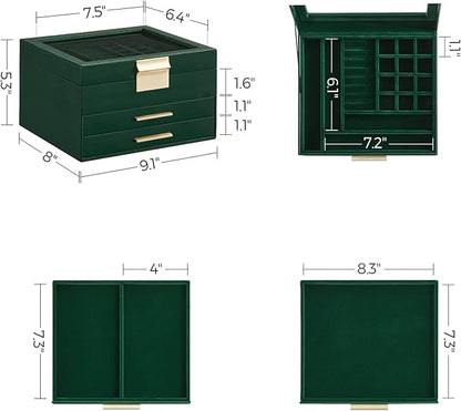 SONGMICS Jewelry Box Organizer with Glass Lid, 3-Layer Jewelry Storage, with 2 Drawers, Modern Style, 8 x 9.1 x 5.3 Inches, Forest Green and Gold Color UJBC239C01