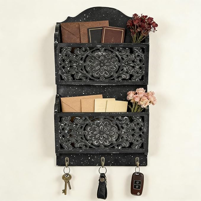 Rustic Key and Mail Holder for Wall Home Decorative,2-Slot Mail Organizer Wall Mount with 3 Hooks, Wooden Key Hangers Wall File Organizer Letter Sorter for Letter Magazines（Black）
