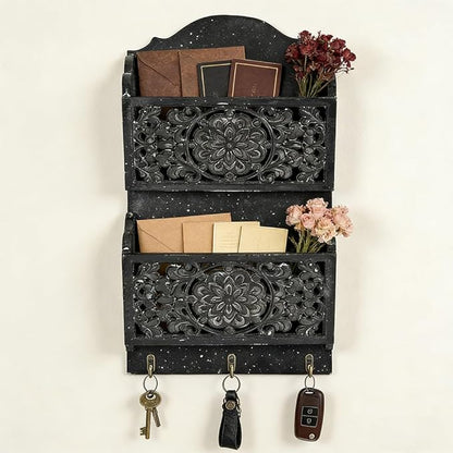 Rustic Key and Mail Holder for Wall Home Decorative,2-Slot Mail Organizer Wall Mount with 3 Hooks, Wooden Key Hangers Wall File Organizer Letter Sorter for Letter Magazines（Black）