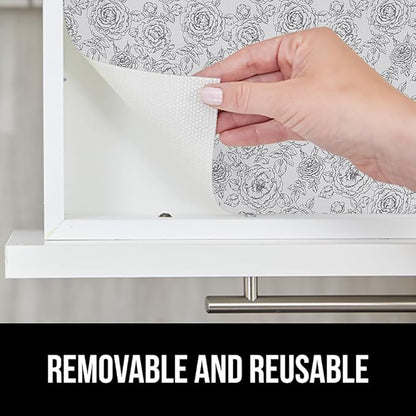 GORILLA GRIP DripGuard Shelf Liner, Non Adhesive Drawer and Kitchen Cabinet Protector, Slip Resistant BPA Free Smooth Surface Plastic Liners for Cabinets, Bathrooms, Closets, 17.5x120 Inch Floral Gray